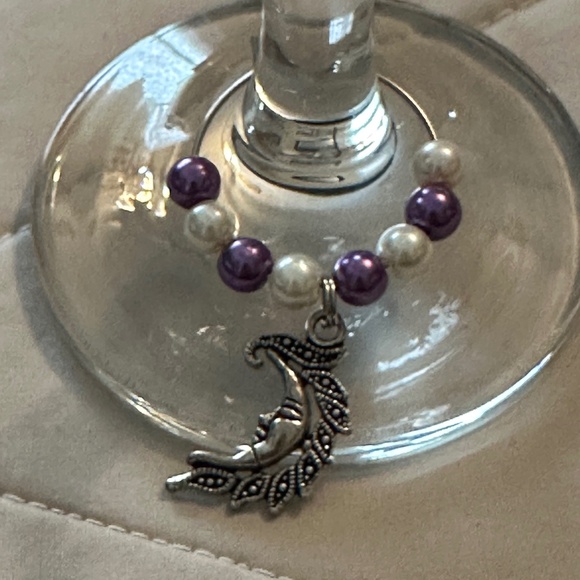 3/$15 Wine glass tag – stainless steel hoop, purple/white beads, crescent moon - Picture 2 of 11